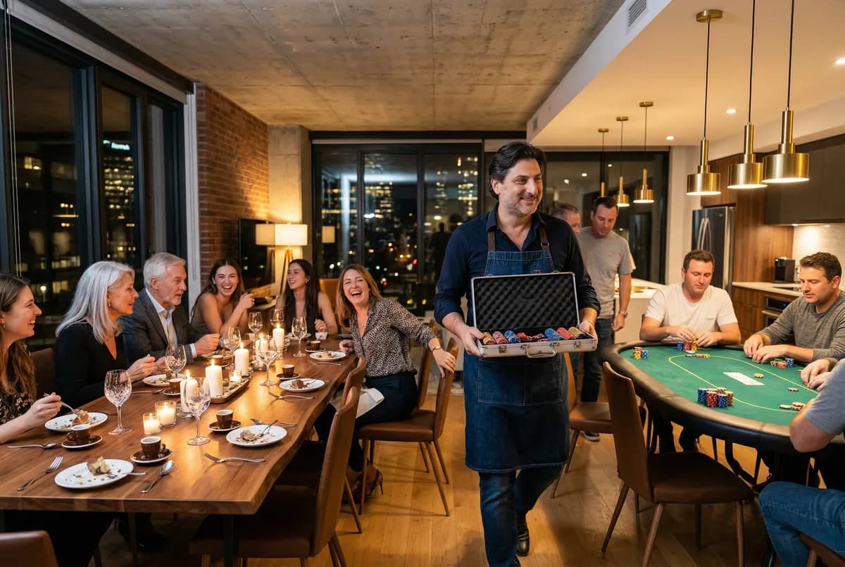 Table dressée pour une soirée poker et repas